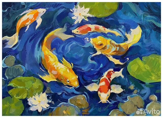 Картина маслом «Японские карпы» 40*55см в рамке