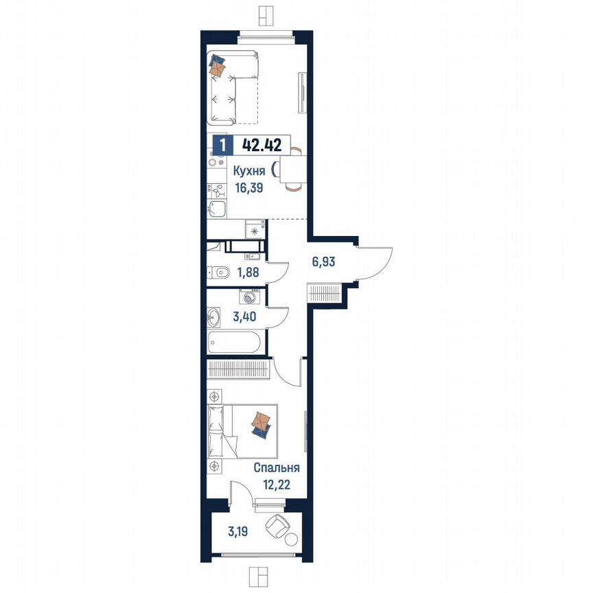 1-к. квартира, 42,4 м², 6/18 эт.