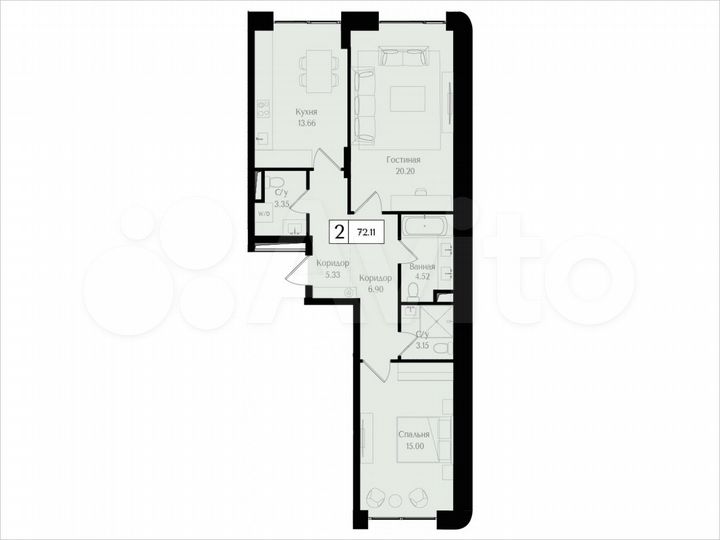 2-к. квартира, 72,1 м², 2/17 эт.