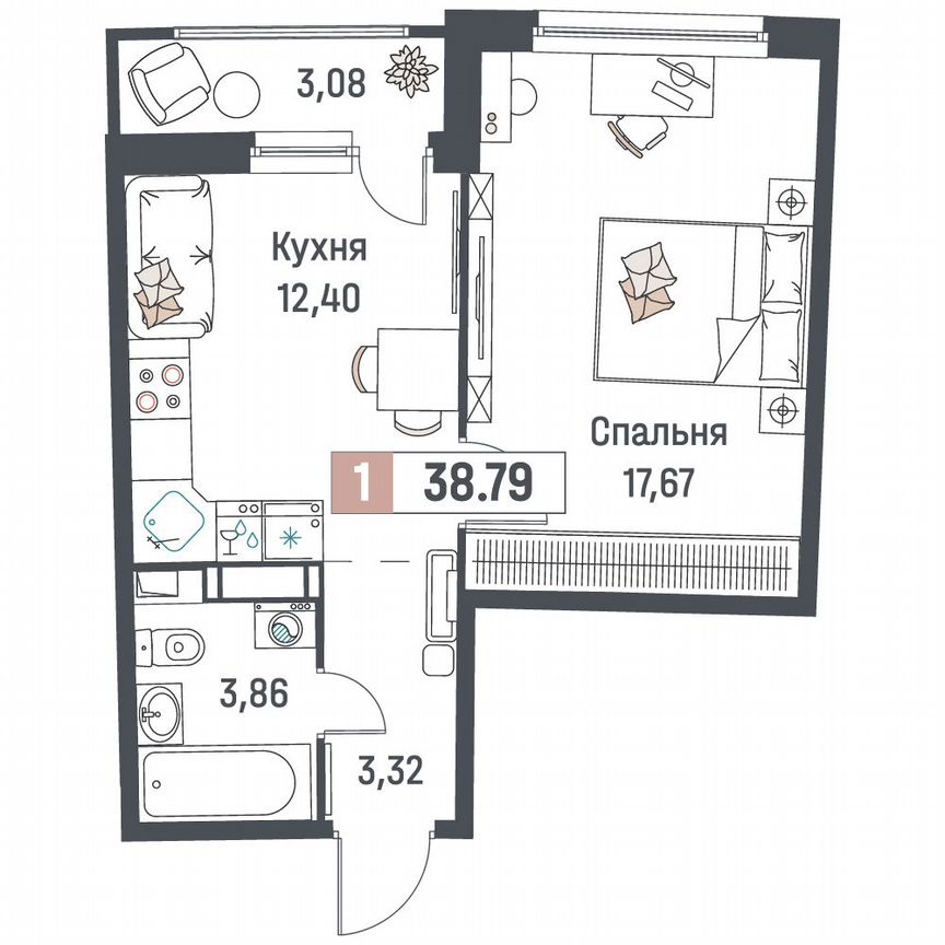 1-к. квартира, 38,8 м², 16/18 эт.