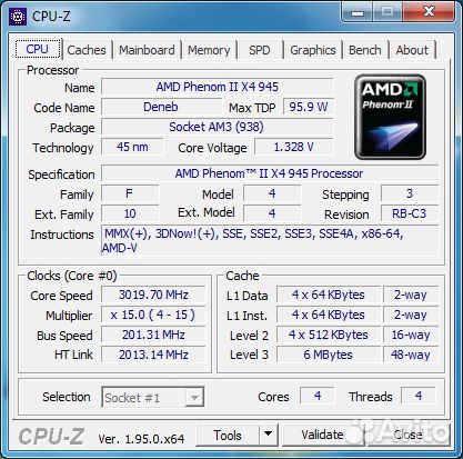 AM3 AMD Phenom II X4 945 / 4 ядра 3.0ghz 95W C3