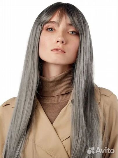 Парик длинные серые волосы до пояса с челкой
