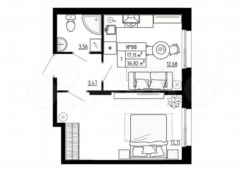 1-к. квартира, 36,8 м², 1/4 эт.