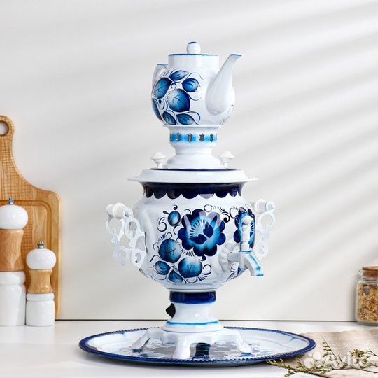Набор «Гжель», овал, 3 предмета, самовар 3 л, зава