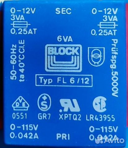 Трансформатор PCB Block Typ FL 6 Вт 2х12 В