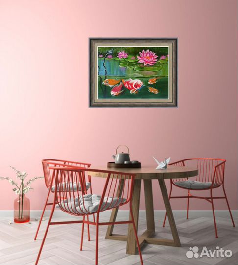 Водные лилии кои рыбки картина маслом 40 на 30
