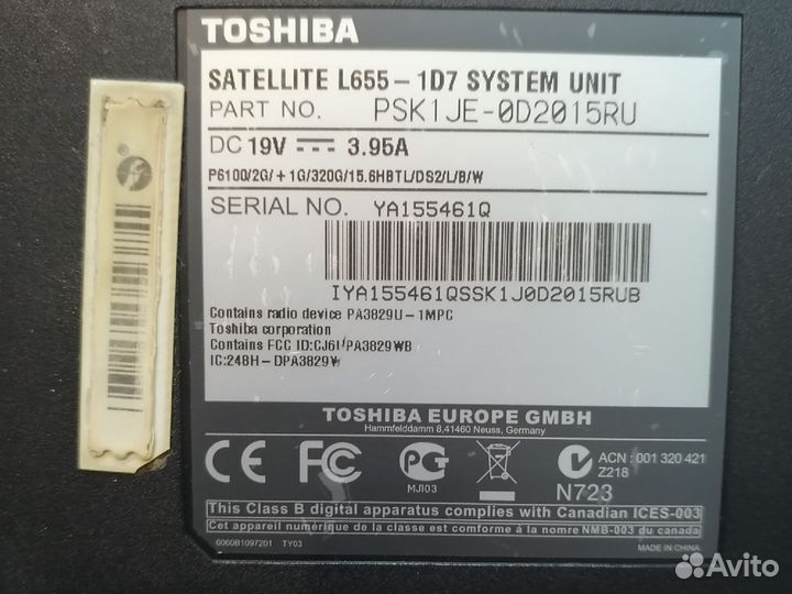 Ноутбук toshiba satellite L655 - 1D7 system unit