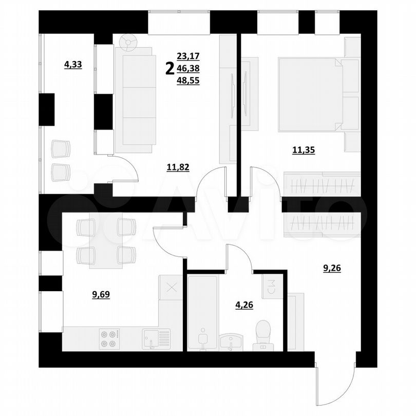 2-к. квартира, 46 м², 2/4 эт.