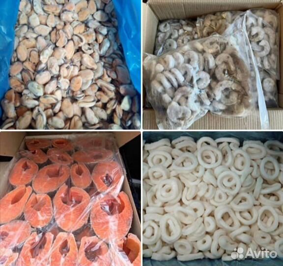 Мидии, кальмар, стейк форели, креветка