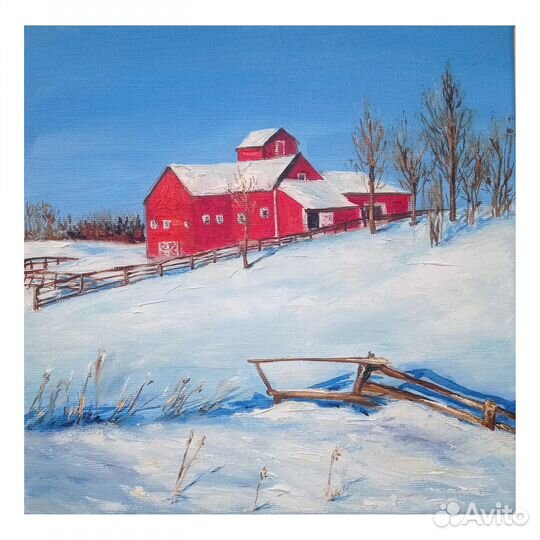 Картина маслом Зима, зимний пейзаж с домиком 25/25