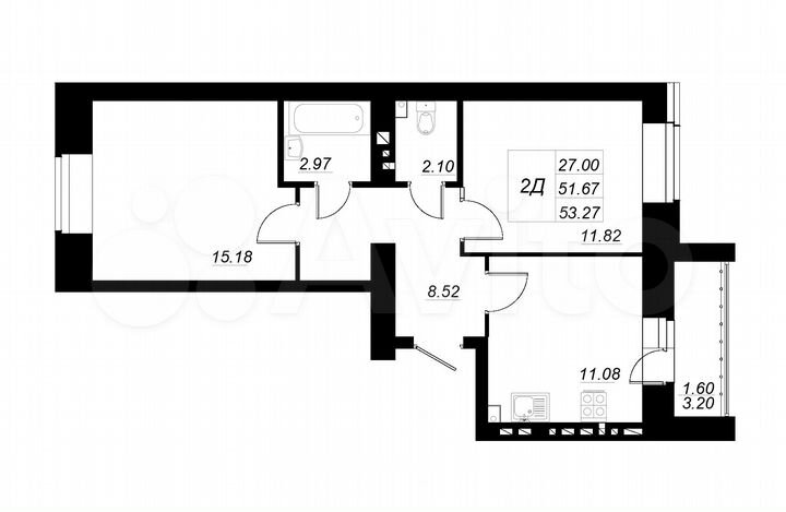 2-к. квартира, 53,3 м², 6/10 эт.