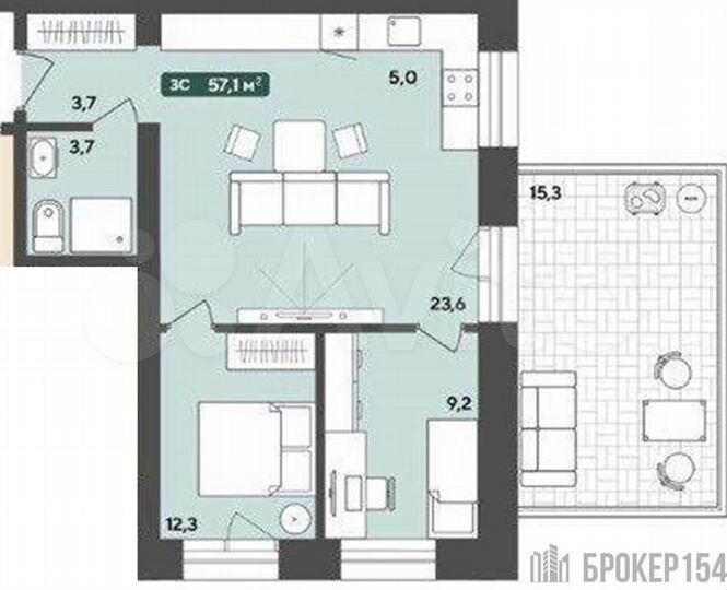 2-к. квартира, 57,1 м², 1/5 эт.