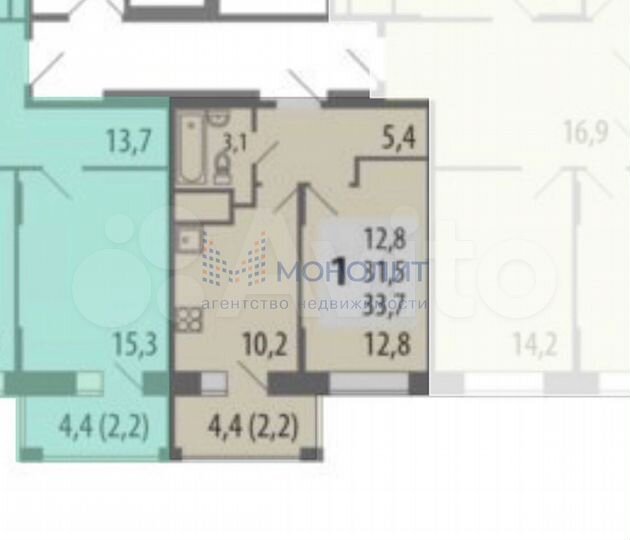 1-к. квартира, 33,7 м², 2/15 эт.