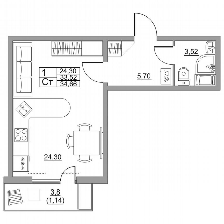 Квартира-студия, 34,7 м², 10/11 эт.