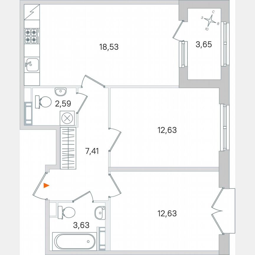 2-к. квартира, 59,3 м², 4/4 эт.