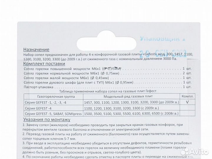 Набор сопел плиты gefest