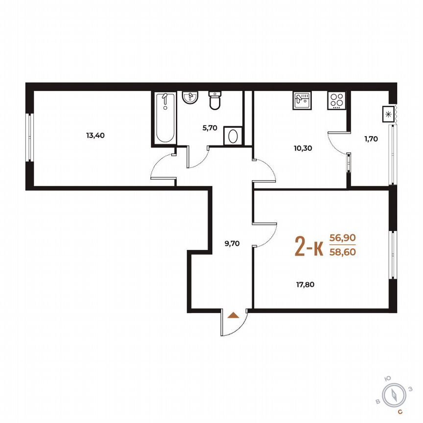 2-к. квартира, 58,6 м², 4/8 эт.