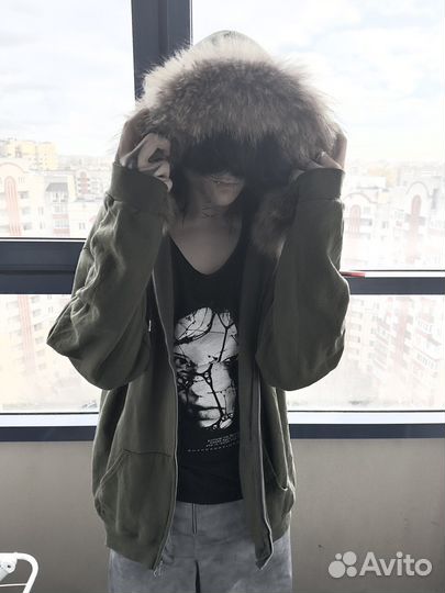 Архив зип-худи с мехом цвет хаки (fur zip-hoodie