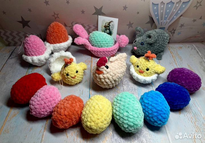 Кролик, яйца, курочка, цыплята, игрушки вязаные