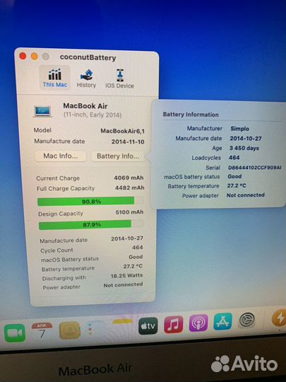 Macbook air 11 2014/i5/4Gb/Ssd/Ростест Акб 90%