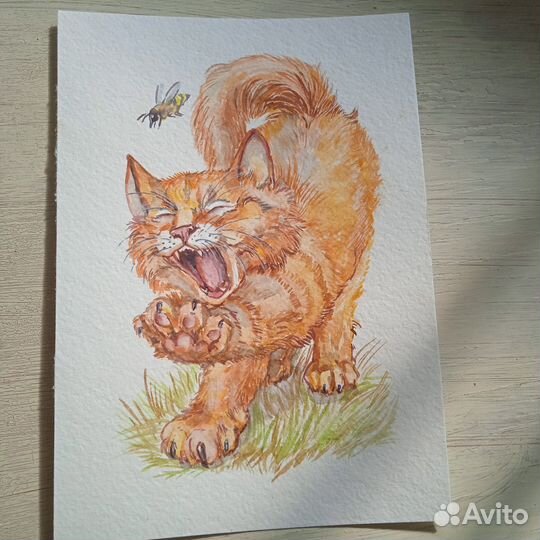 Акварель Рыжий кот Обормот