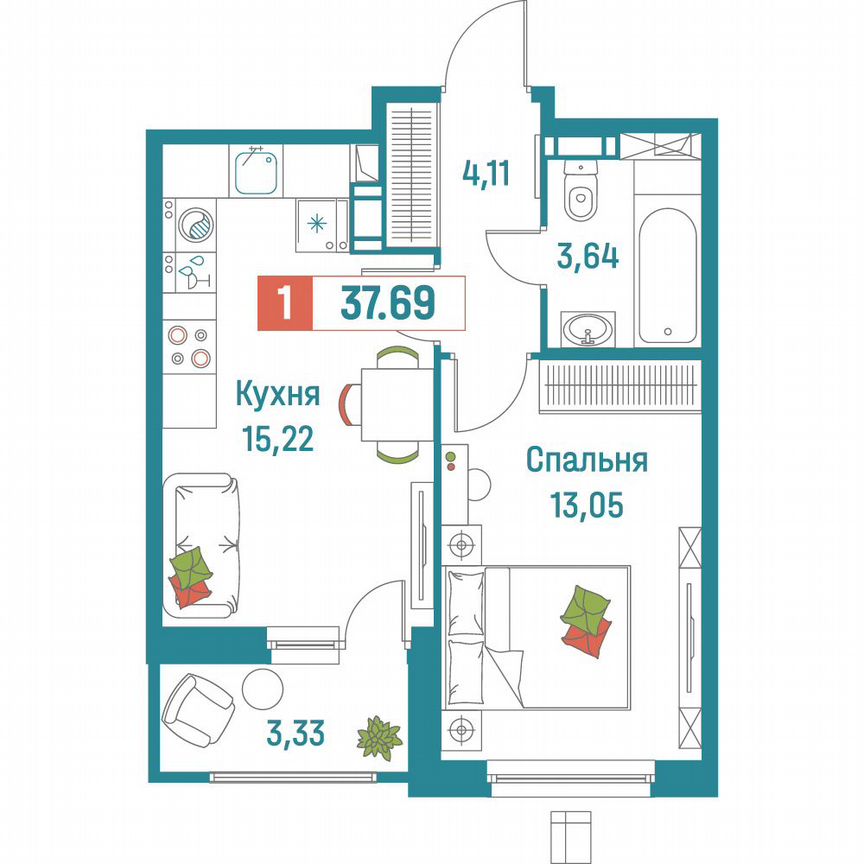 1-к. квартира, 37,7 м², 12/18 эт.