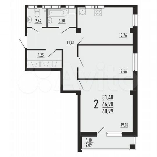 2-к. квартира, 69 м², 7/16 эт.
