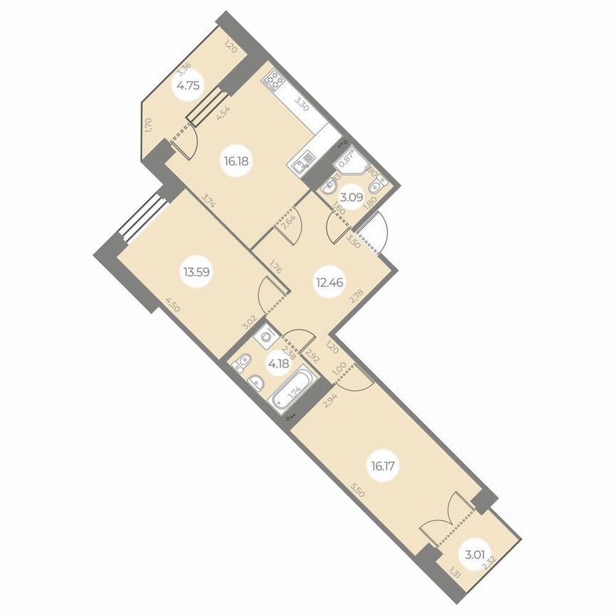 2-к. квартира, 69 м², 12/20 эт.