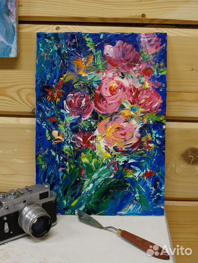 Картина маслом, Розовые розы, 35х25 см