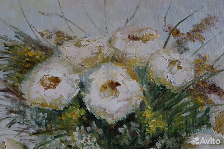 Картина маслом Цветы Пионы белые на холсте 40х40см