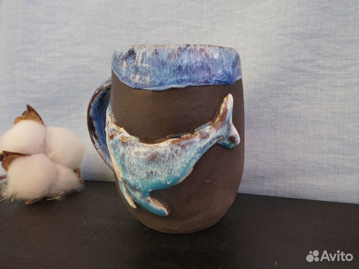Кружка керамическая мини Кит и море ручной работы