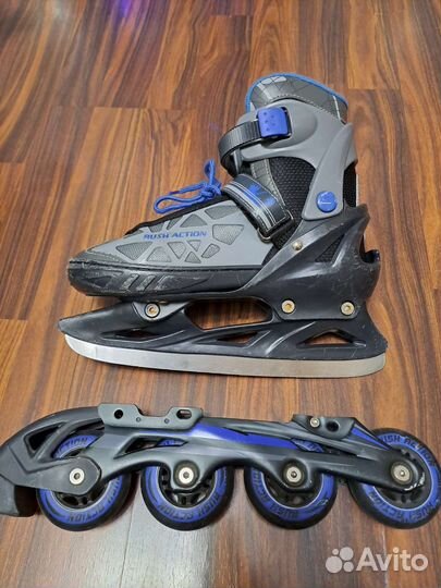 Коньки+ролики 2 в 1, раздвижные, р-р 34-38+защита
