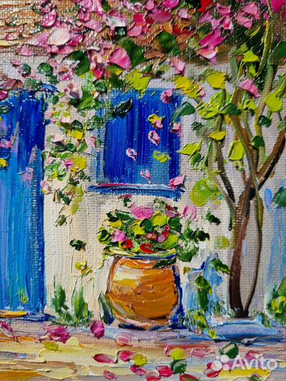 Картина маслом дом пейзаж город цветы бугенвиллия