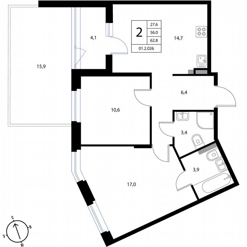 2-к. квартира, 62,8 м², 1/3 эт.