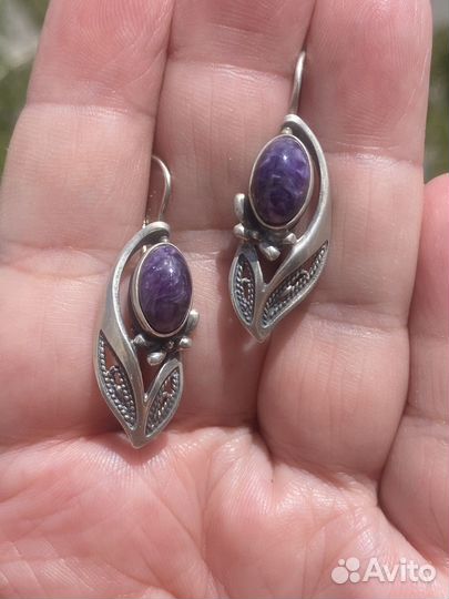 Серьги с природным чароитом винтаж СССР