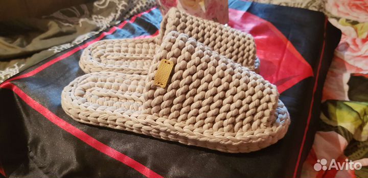 Вязаные домашние тапочки из трикотажной пряжи 38р