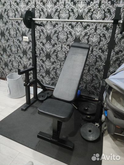 Стойка, скамья, гантели, блины