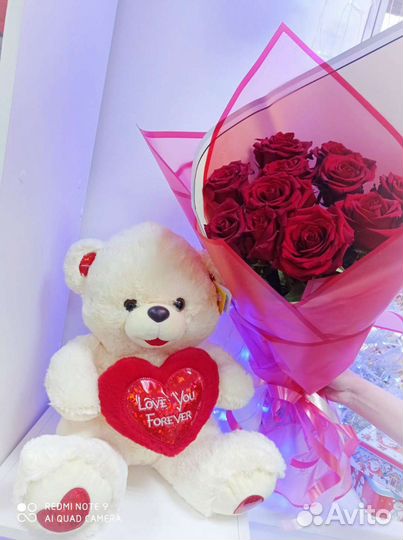 Шикарный букет роз + Мишка, Розы с доставкой