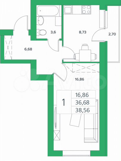 1-к. квартира, 36,7 м², 8/9 эт.