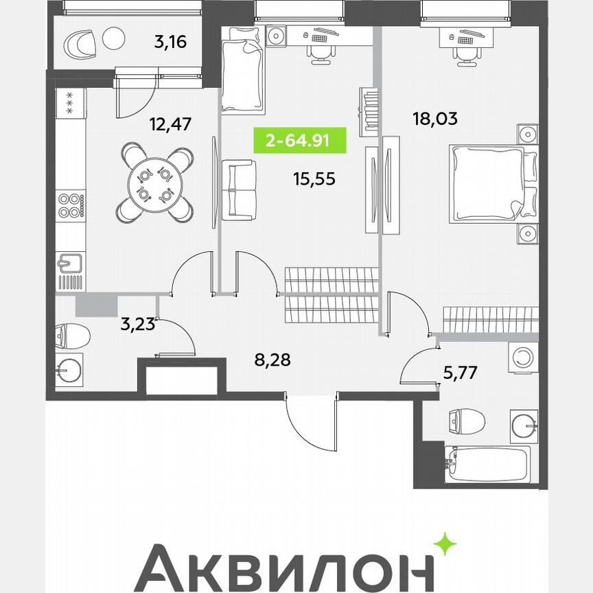 2-к. квартира, 64,9 м², 10/12 эт.