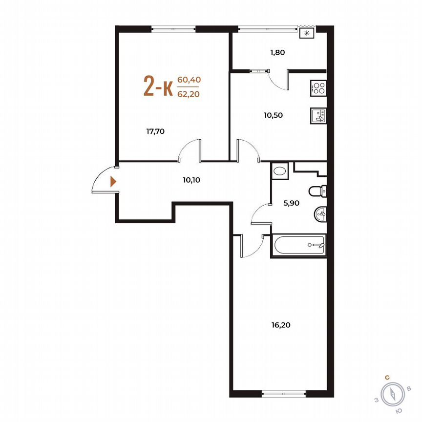2-к. квартира, 62,2 м², 3/8 эт.