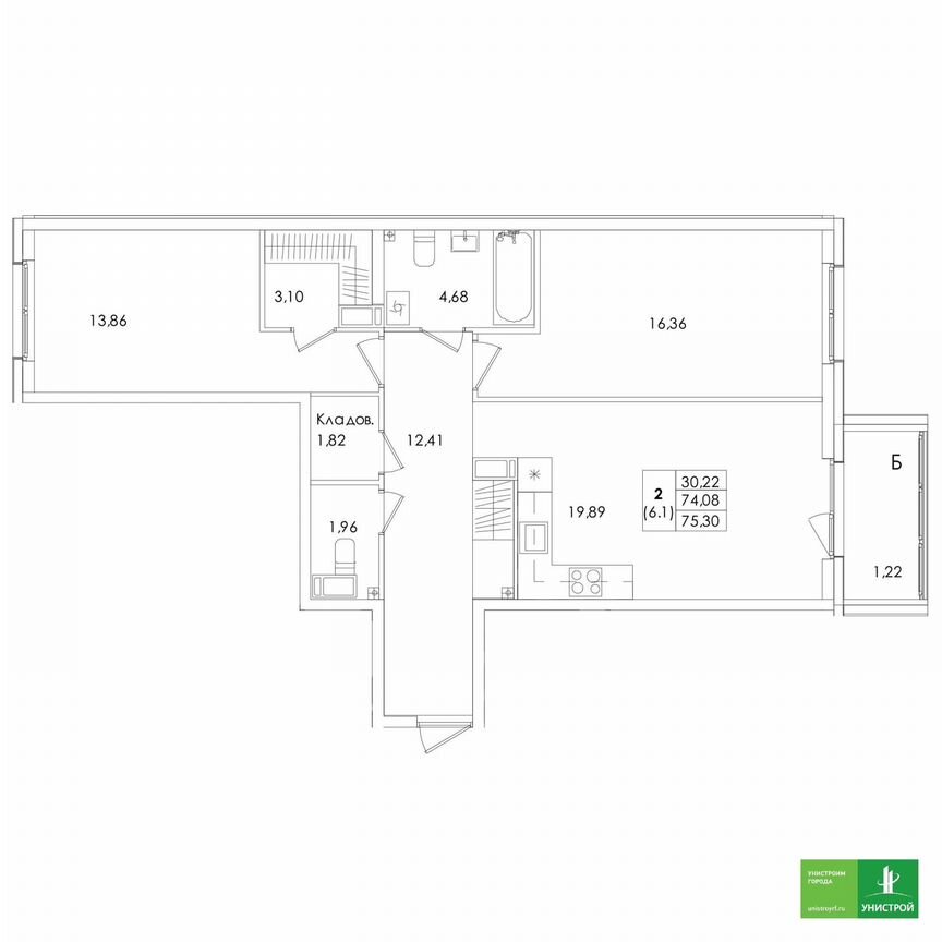 2-к. квартира, 75,3 м², 4/5 эт.