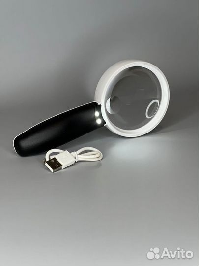 Лупа с подсветкой 2led d75мм, с аккум, зарядка usb