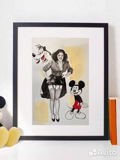 Пинап девушка в платье и чулках. Микки Маус. Гуфи