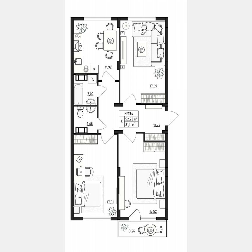 3-к. квартира, 81,1 м², 4/4 эт.