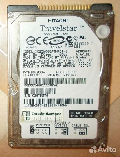 Ретро HDD IDE 2,5 для ноута. 60 Gb (Редкость)