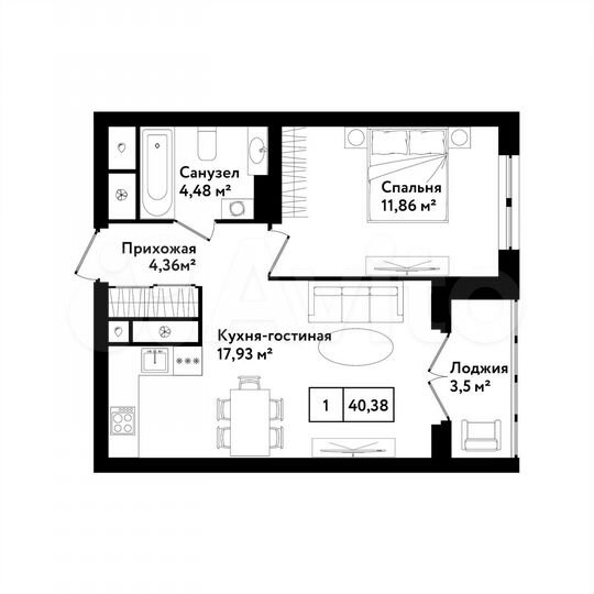 1-к. квартира, 40,4 м², 5/25 эт.