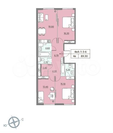 3-к. квартира, 89,3 м², 6/13 эт.