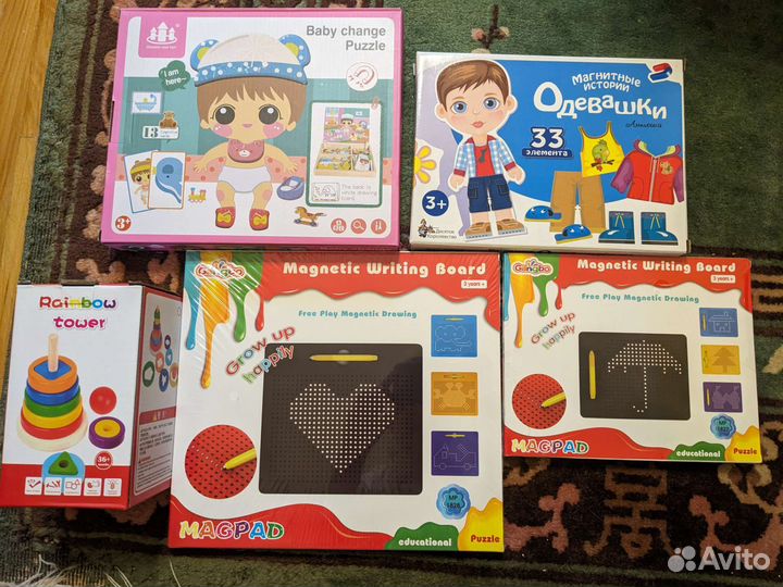 Одень куклу, пирамидка сложная, мозаика магнитная