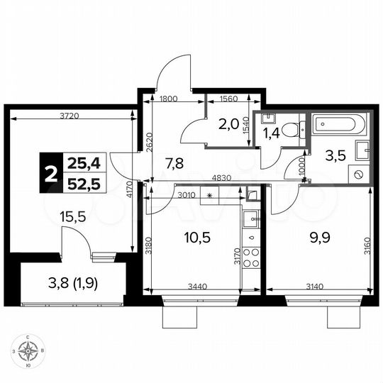 2-к. квартира, 52,4 м², 12/15 эт.